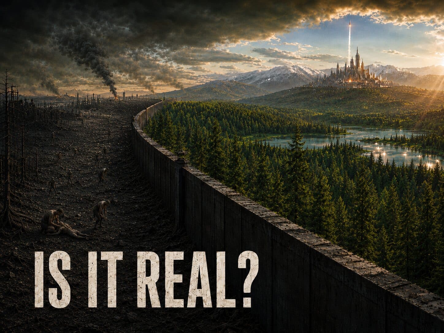 A scorched, collapsing wasteland on one side of a wall; a green, thriving New Hampshire crowned by a gleaming citadel on the other. Caption: Is it real?